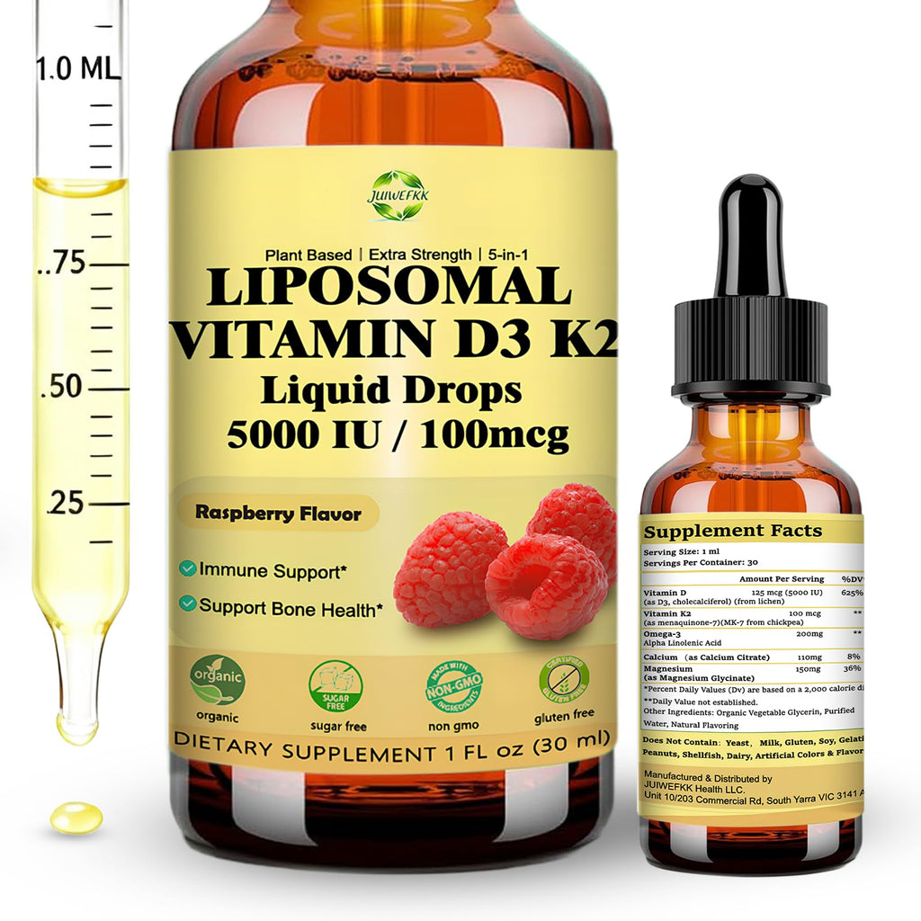 Liquid Vitamin D3 K2 Drops with Calcium Magnesium Omega3, High Potency 5-in-1 D3 K2 Vitamin 5000 IU Supplement for Bone Health, Heart Teeth & Immue, Ultra High Absorption Liposomal D3K2 Plant-Based - TrustMedUSA