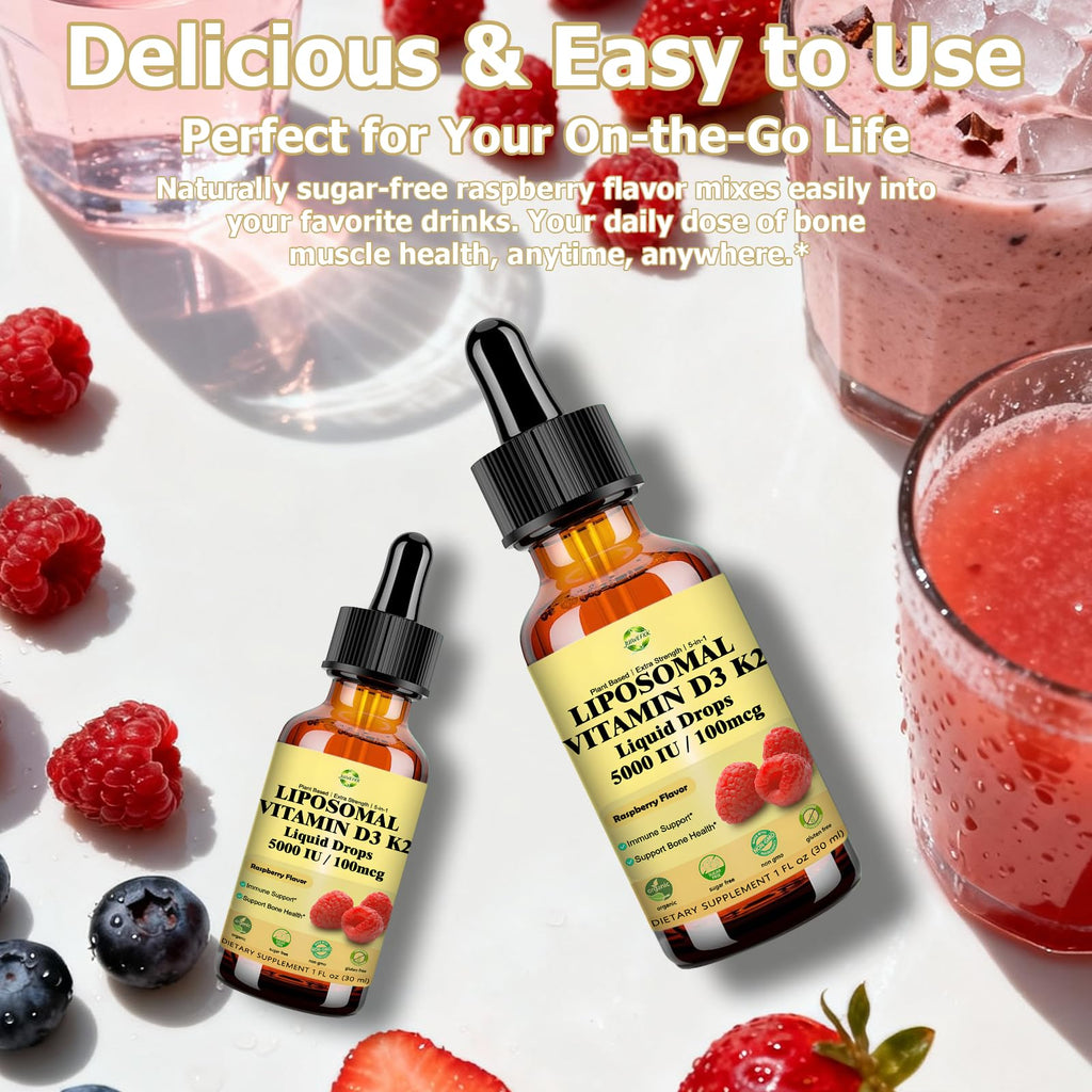 Liquid Vitamin D3 K2 Drops with Calcium Magnesium Omega3, High Potency 5-in-1 D3 K2 Vitamin 5000 IU Supplement for Bone Health, Heart Teeth & Immue, Ultra High Absorption Liposomal D3K2 Plant-Based - TrustMedUSA