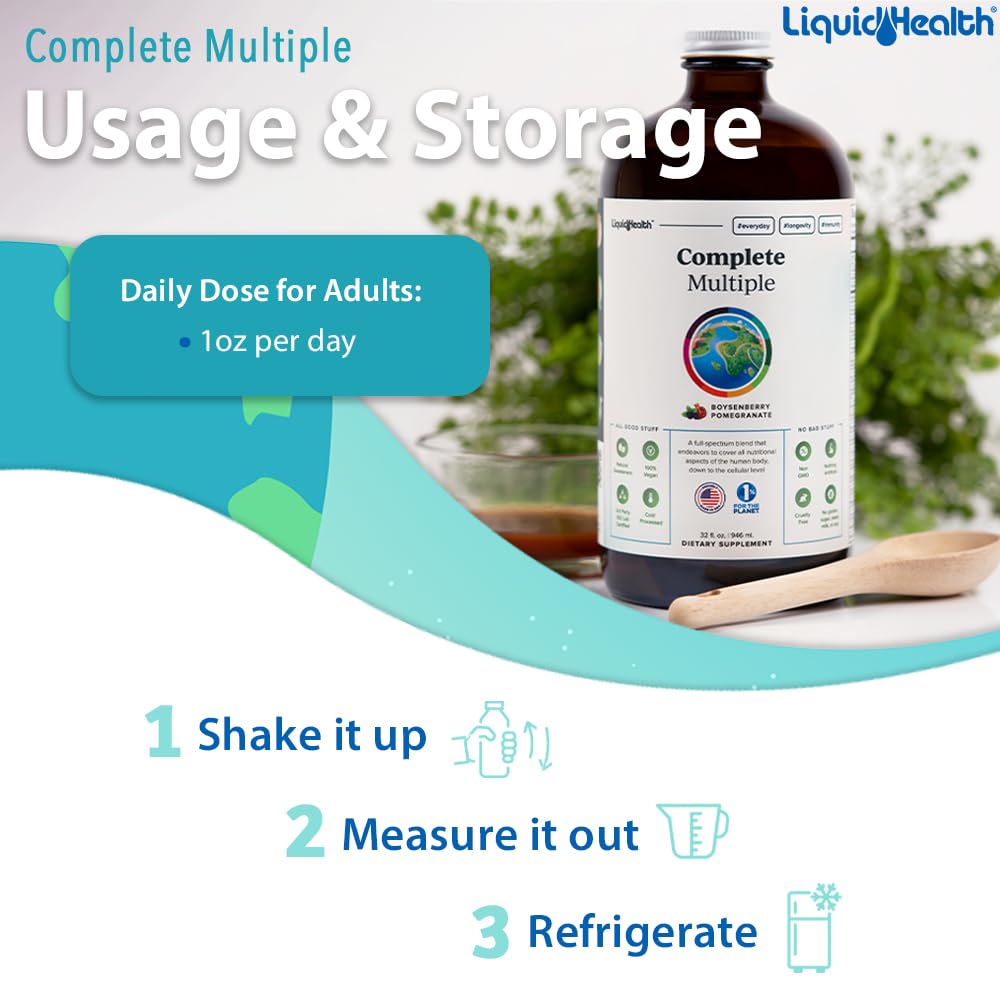 LIQUIDHEALTH Complete Multiple Adult Liquid Multivitamin - Essential Vitamins, Minerals & Nutrients, Immune Support, Gut Health, Energy, Detox - Made in USA, Vegan, Non-GMO, Sugar-Free (32 oz) - TrustMedUSA