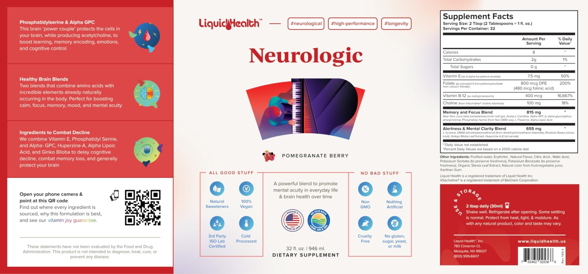 LIQUIDHEALTH Neurologic Focus Supplement - Brain Booster Nootropic Supplement for Cognitive Function, Memory & Focus with Ginkgo Biloba, Choline, L-Theanine & Phosphatidylserine - USA Made (2 Pack) - TrustMedUSA