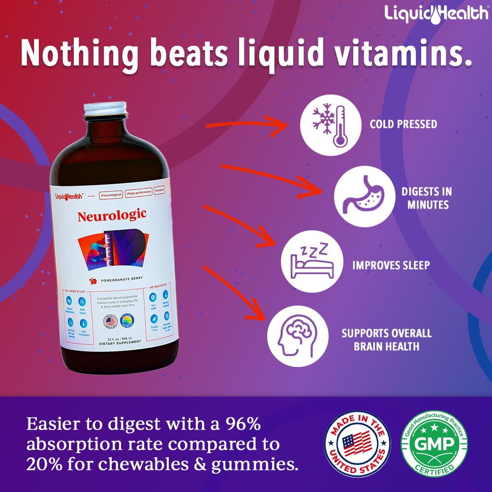 LIQUIDHEALTH Neurologic Focus Supplement - Brain Booster Nootropic Supplement for Cognitive Function, Memory & Focus with Ginkgo Biloba, Choline, L-Theanine & Phosphatidylserine - USA Made (2 Pack) - TrustMedUSA