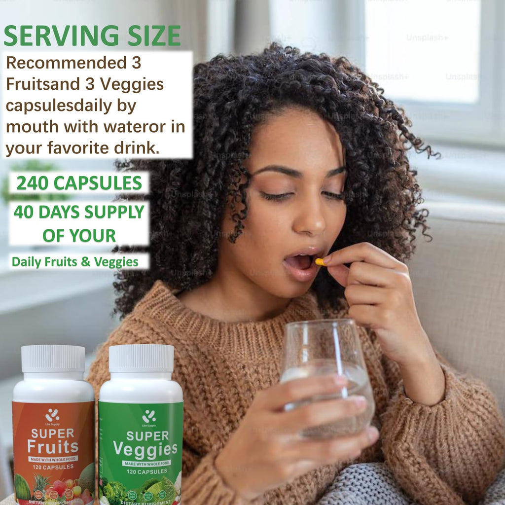 Lite Supply Fruits and Veggies Supplement 240 Caps - 120 Fruit and 120 Veggie Capsules - Whole Food & Natural Superfood Filled with Vitamins & Minerals for Women, Men Supports Energy Levels - TrustMedUSA