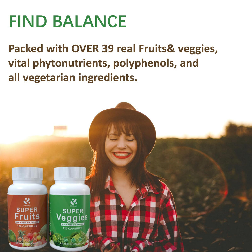 Lite Supply Fruits and Veggies Supplement 240 Caps - 120 Fruit and 120 Veggie Capsules - Whole Food & Natural Superfood Filled with Vitamins & Minerals for Women, Men Supports Energy Levels - TrustMedUSA