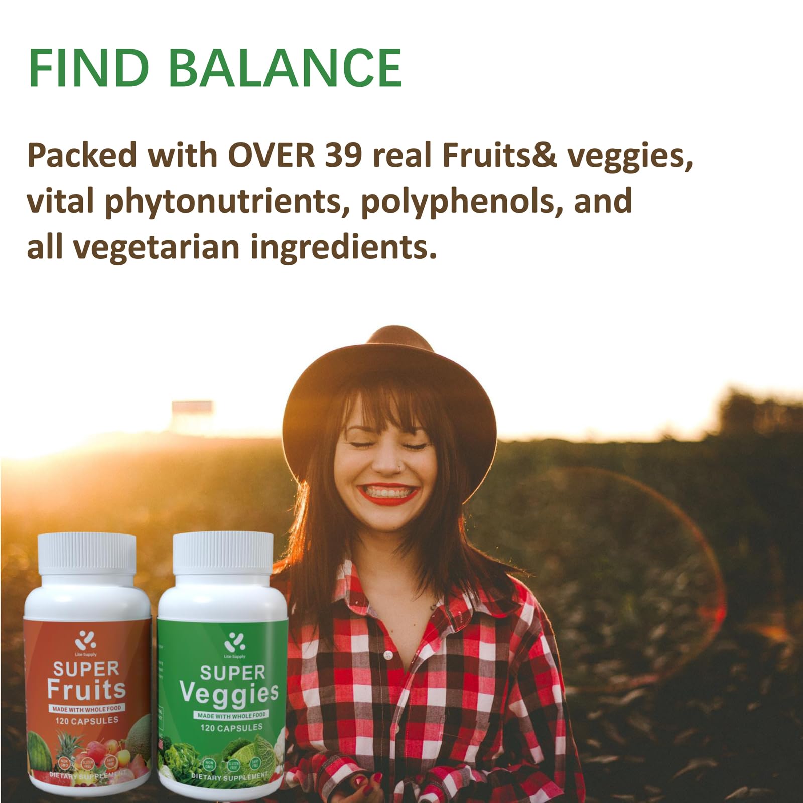 Lite Supply Fruits and Veggies Supplement 240 Caps - 120 Fruit and 120 Veggie Capsules - Whole Food & Natural Superfood Filled with Vitamins & Minerals for Women, Men Supports Energy Levels - TrustMedUSA