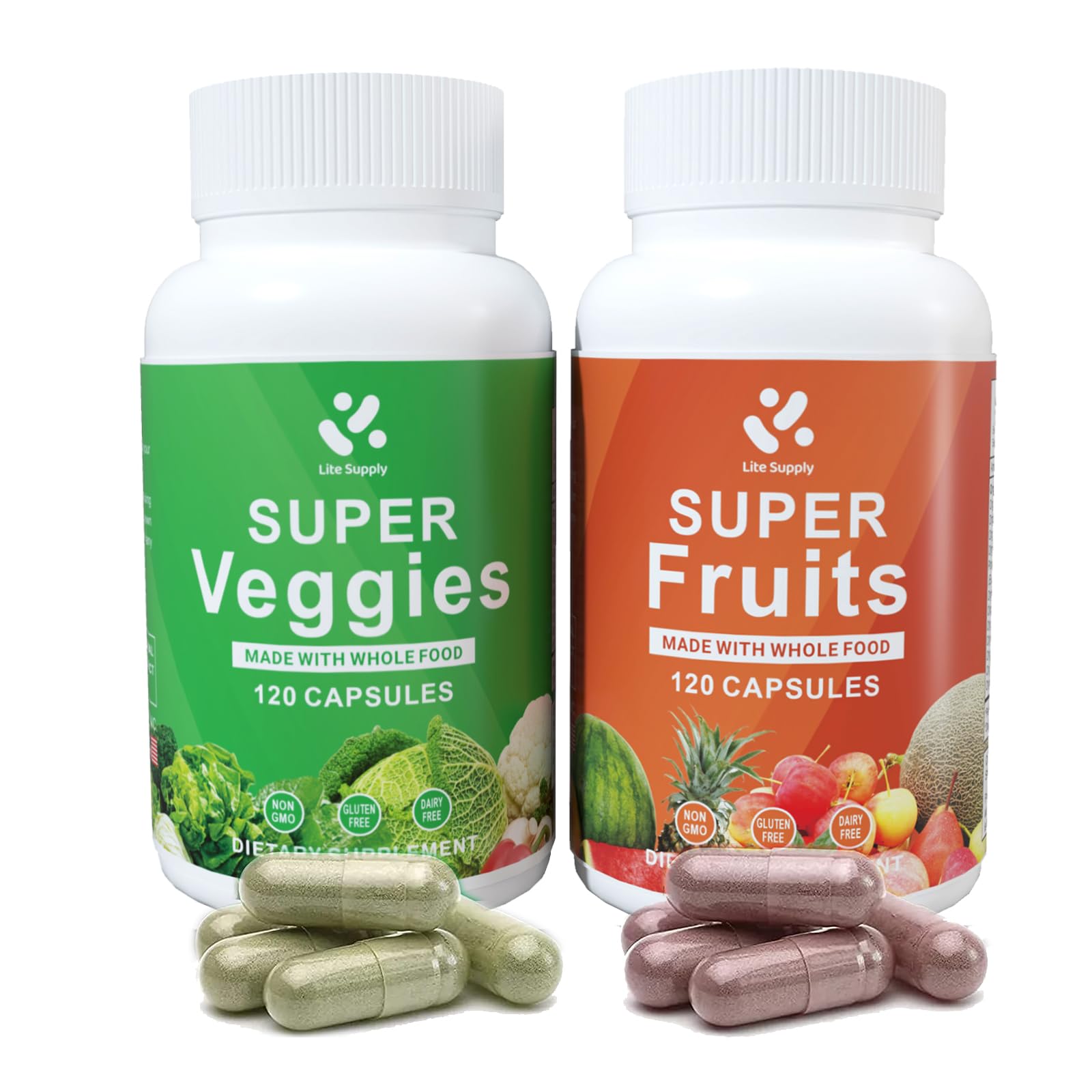 Lite Supply Fruits and Veggies Supplement 240 Caps - 120 Fruit and 120 Veggie Capsules - Whole Food & Natural Superfood Filled with Vitamins & Minerals for Women, Men Supports Energy Levels - TrustMedUSA