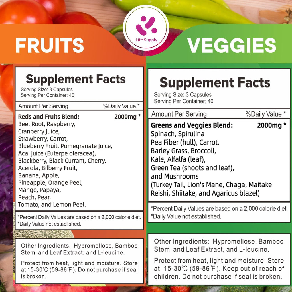 Lite Supply Fruits and Veggies Supplement 240 Caps - 120 Fruit and 120 Veggie Capsules - Whole Food & Natural Superfood Filled with Vitamins & Minerals for Women, Men Supports Energy Levels - TrustMedUSA