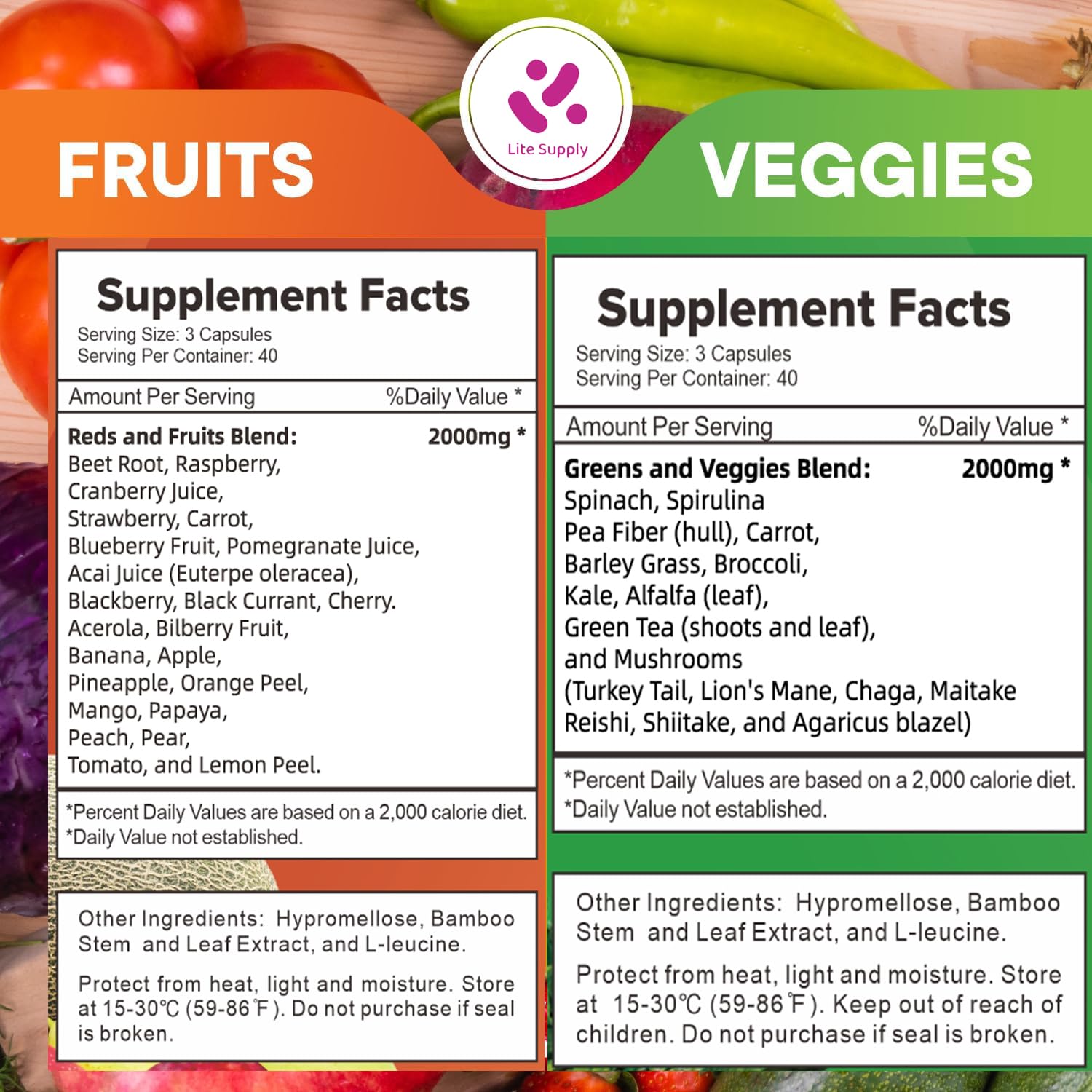 Lite Supply Fruits and Veggies Supplement 240 Caps - 120 Fruit and 120 Veggie Capsules - Whole Food & Natural Superfood Filled with Vitamins & Minerals for Women, Men Supports Energy Levels - TrustMedUSA