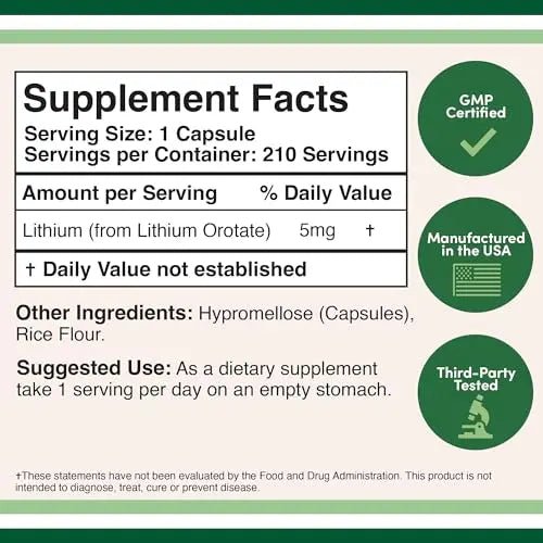 Lithium Orotate 5mg, 210 Capsules (Third Party Tested, Made in The USA - TrustMedUSA