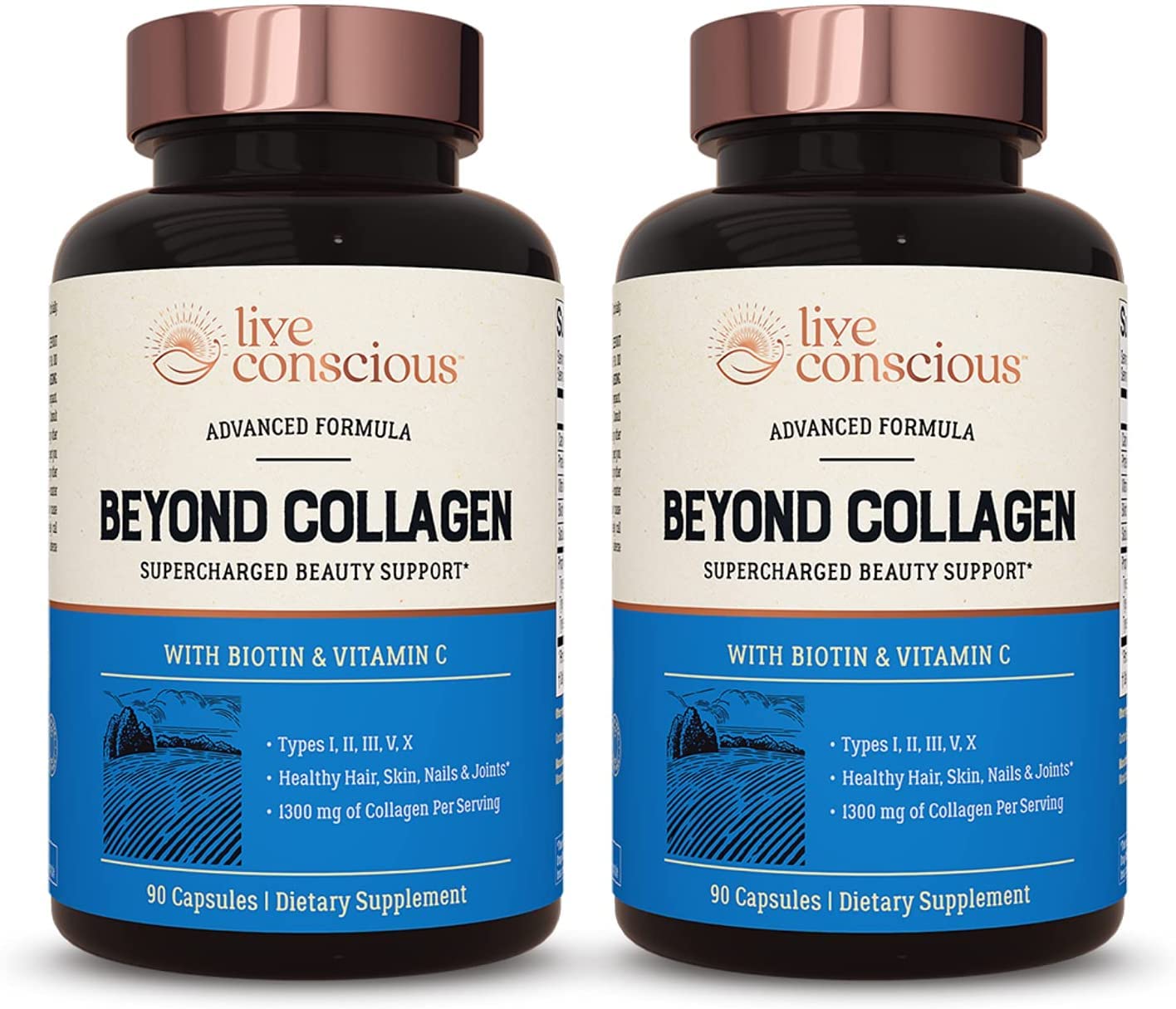Live Conscious Beyond Collagen Multi Collagen Capsules - Types I, II, III, V & X | Hydrolyzed Blend with Biotin & Vitamin C for Hair, Skin, Nails 90 Capsules (2-Pack) - TrustMedUSA