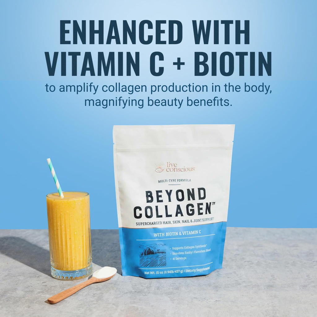 Live Conscious Beyond Collagen Multi Collagen Powder for Women w/Types I, II, III, V & X - Keto Friendly, Hydrolyzed Collagen Peptides Powder Blend w/Biotin & Vitamin C 41 Servings - Maple Wellness Supplements