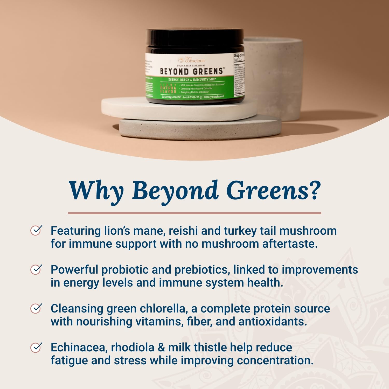 Live Conscious Beyond Greens Concentrated Superfood Powder - Matcha Flavor w/Chlorella, Echinacea, Probiotics for Immune Support & Energy - 30 Servings (2-Pack) - TrustMedUSA