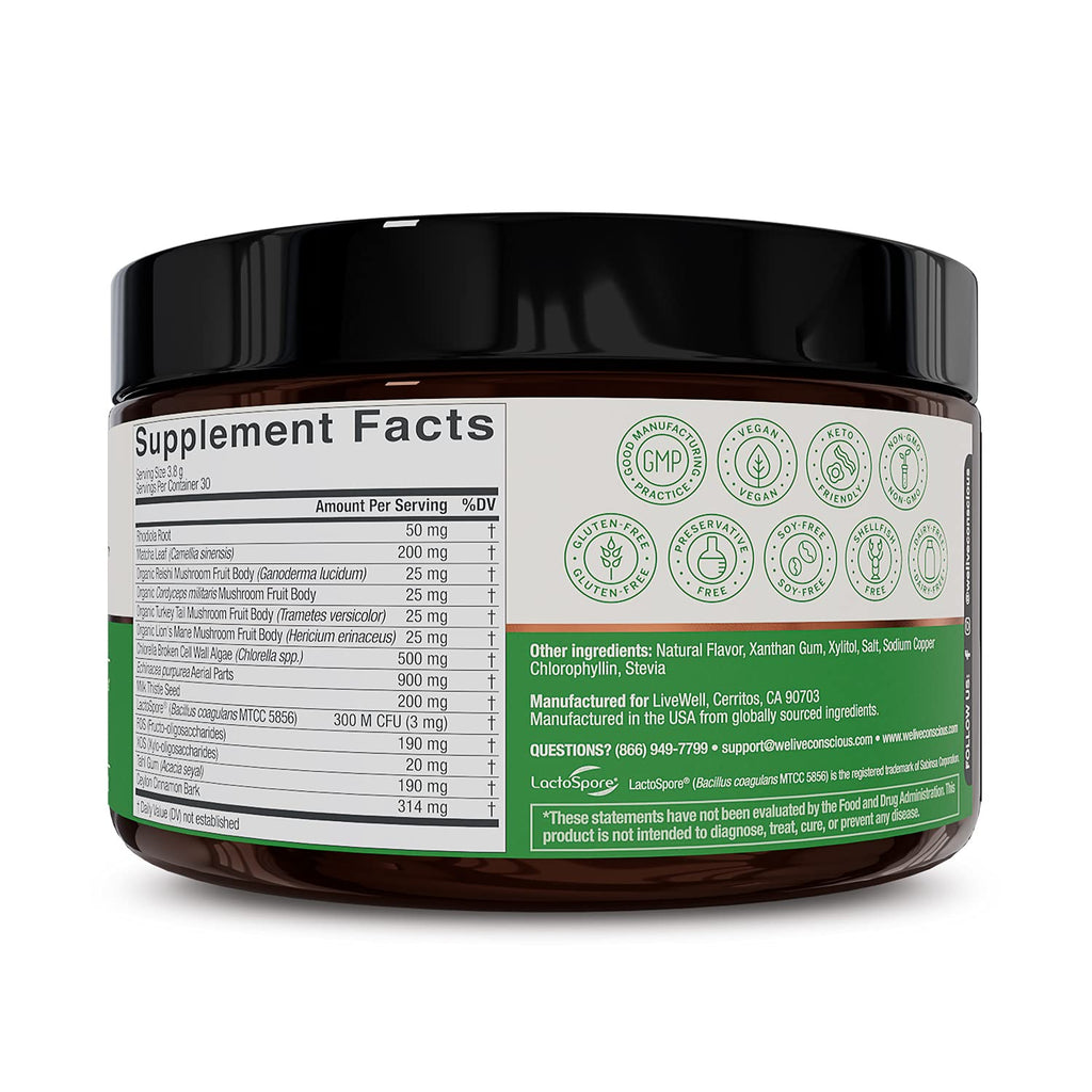 Live Conscious Beyond Greens Superfood Powder - Delicious Debloating Super Greens Powder - Matcha Greens Blend w/Chlorella, Echinacea, Probiotics for Immune Support & Energy - TrustMedUSA