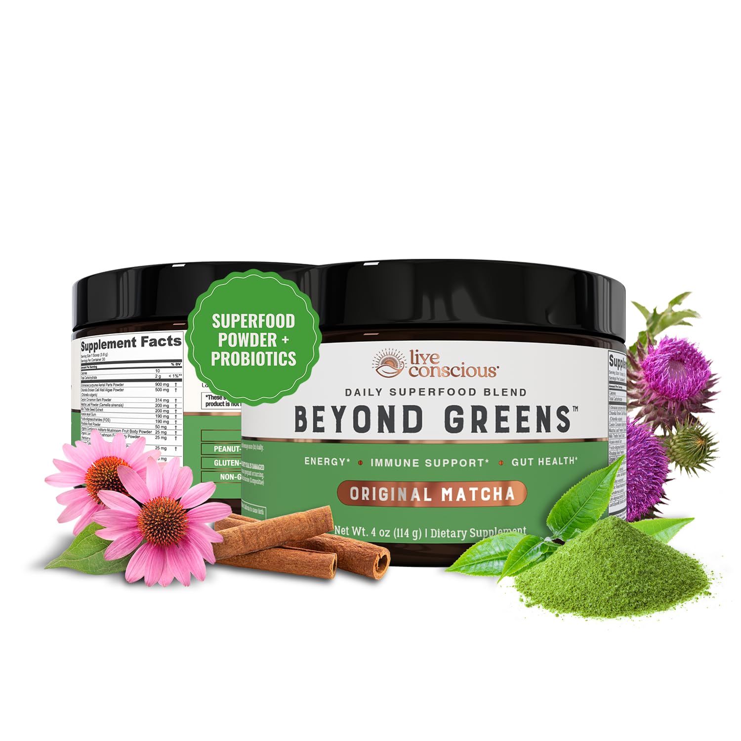 Live Conscious Beyond Greens Superfood Powder - Delicious Debloating Super Greens Powder - Matcha Greens Blend w/Chlorella, Echinacea, Probiotics for Immune Support & Energy - TrustMedUSA