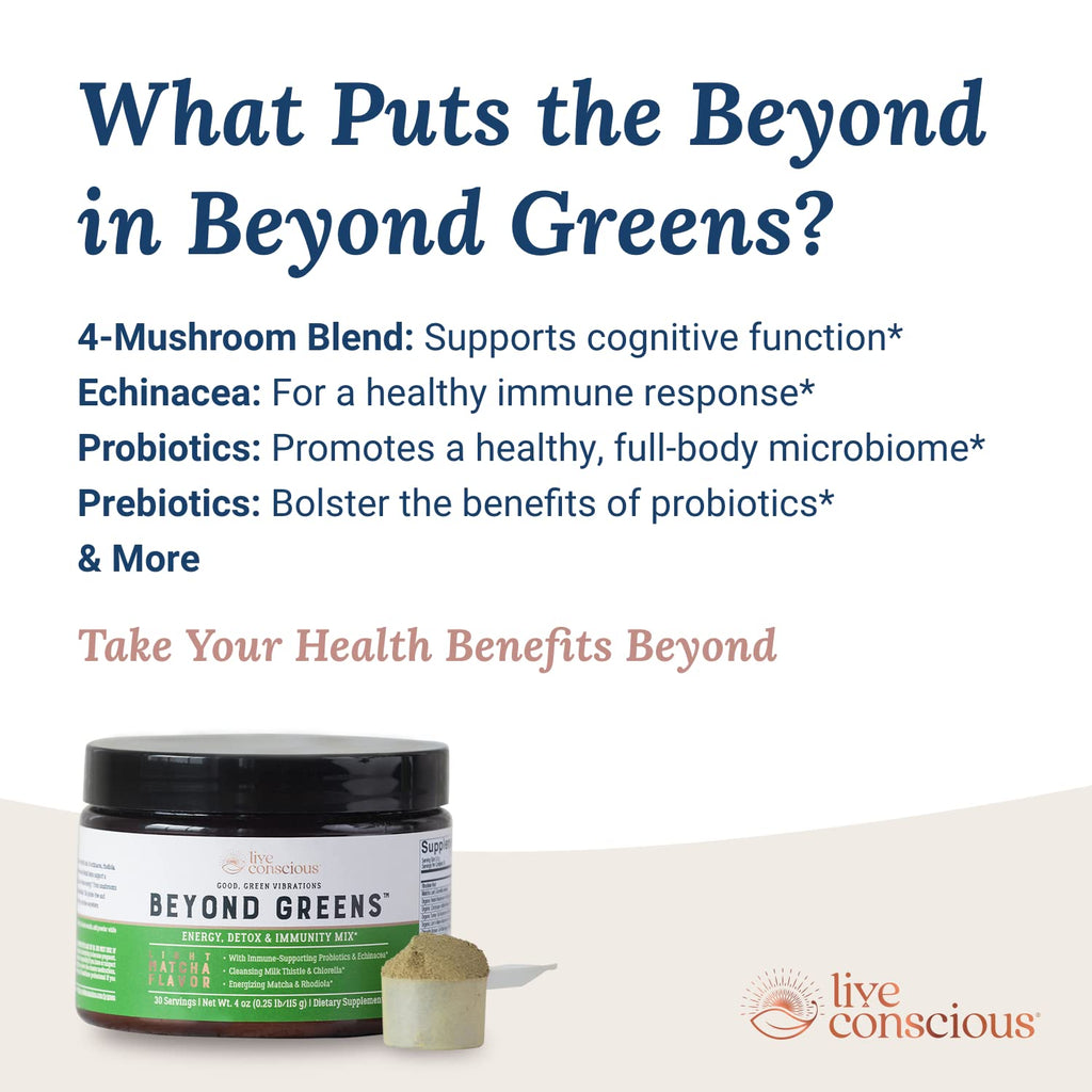 Live Conscious Beyond Greens Superfood Powder - Delicious Debloating Super Greens Powder - Matcha Greens Blend w/Chlorella, Echinacea, Probiotics for Immune Support & Energy - TrustMedUSA