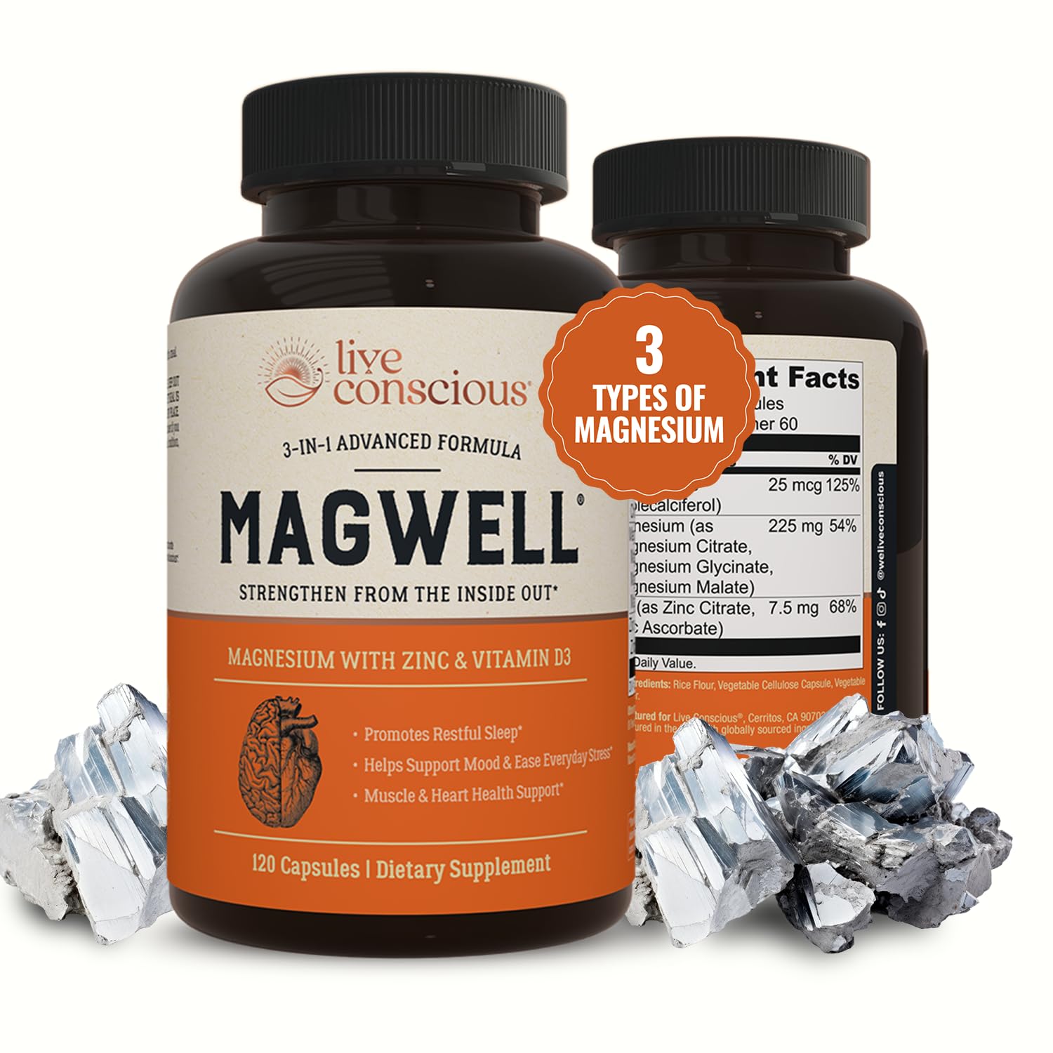 Live Conscious Magwell Magnesium Zinc & Vitamin D3 - Magnesium Glycinate, Malate, & Citrate - Triple Supplement for Women & Men - TrustMedUSA