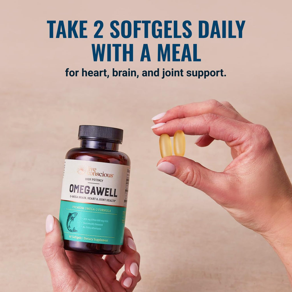 Live Conscious OmegaWell Omega 3 Fish Oil - 2000mg Capsules: Heart, Brain, & Joint Support - 800 mg EPA 600 mg DHA - Sustainably Sourced - TrustMedUSA