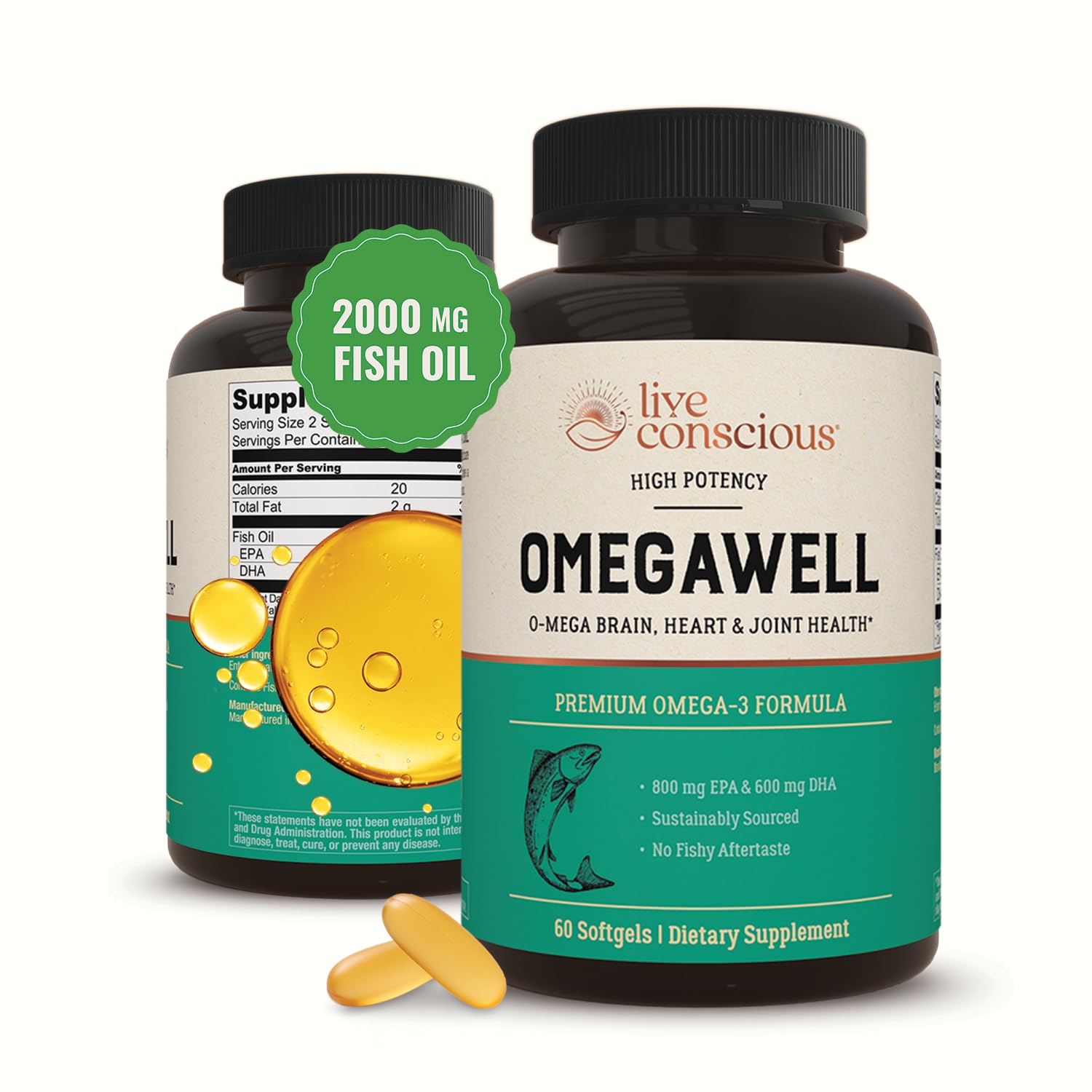 Live Conscious OmegaWell Omega 3 Fish Oil - 2000mg Capsules: Heart, Brain, & Joint Support - 800 mg EPA 600 mg DHA - Sustainably Sourced - TrustMedUSA