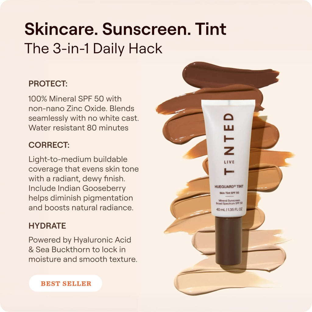 Live Tinted Hueguard Skin Tint SPF 50 - Tinted Mineral Sunscreen with Light-Medium Buildable Coverage With a Hydrating and Radiant Finish - Water and Sweat Resistant, 1.35 fl oz - Shade 10 - TrustMedUSA