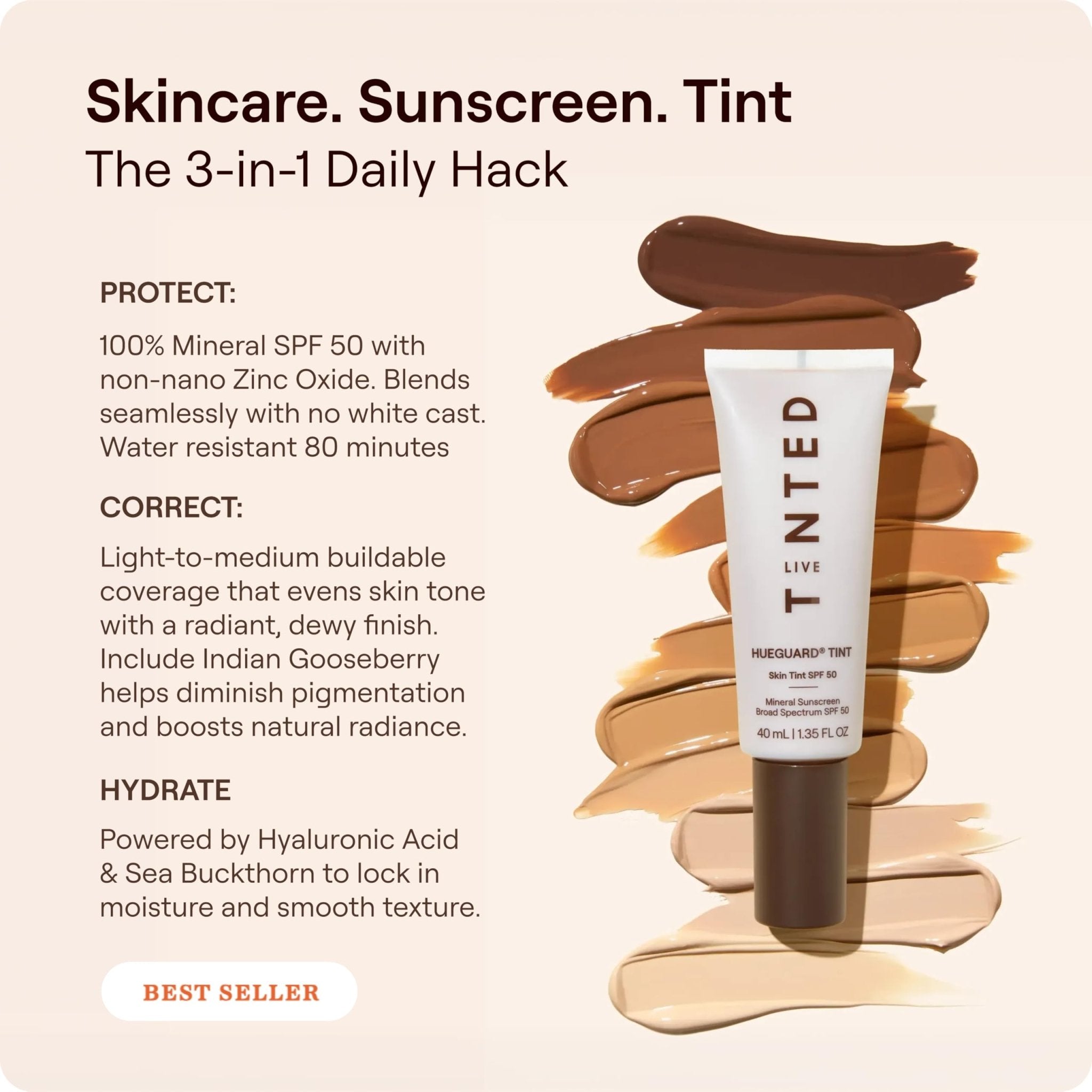 Live Tinted Hueguard Skin Tint SPF 50 - Tinted Mineral Sunscreen with Light-Medium Buildable Coverage With a Hydrating and Radiant Finish - Water and Sweat Resistant, 1.35 fl oz - Shade 10 - TrustMedUSA