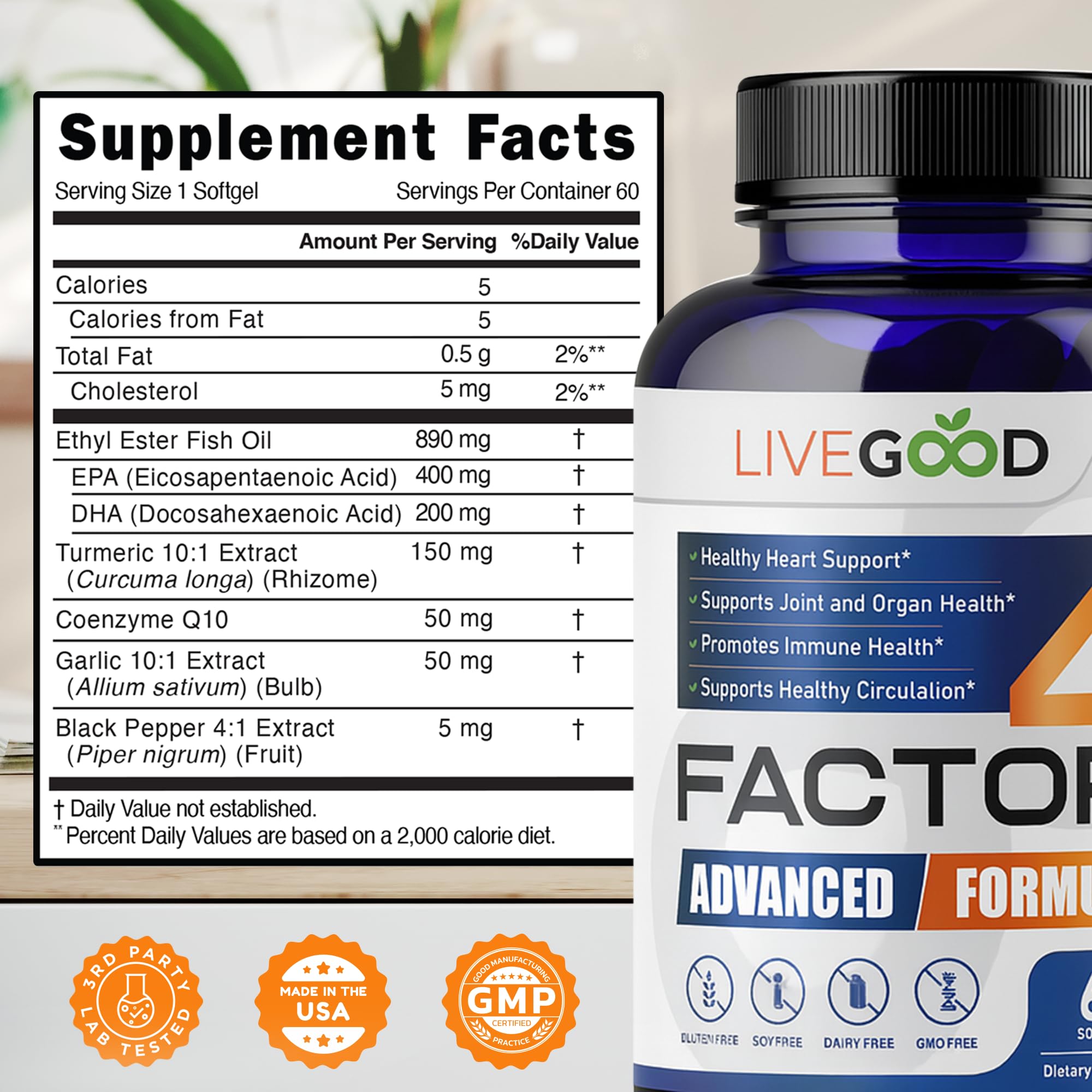 LIVEGOOD™ Factor 4, Omega 3 Fish Oil with EPA & DHA, CoQ10, and Turmeric, Advanced Q10 Coenzyme & CoQ10 Supplements, DHA Supplements for Heart, Joint & Immune Support, Made in USA, 60 Count, - TrustMedUSA