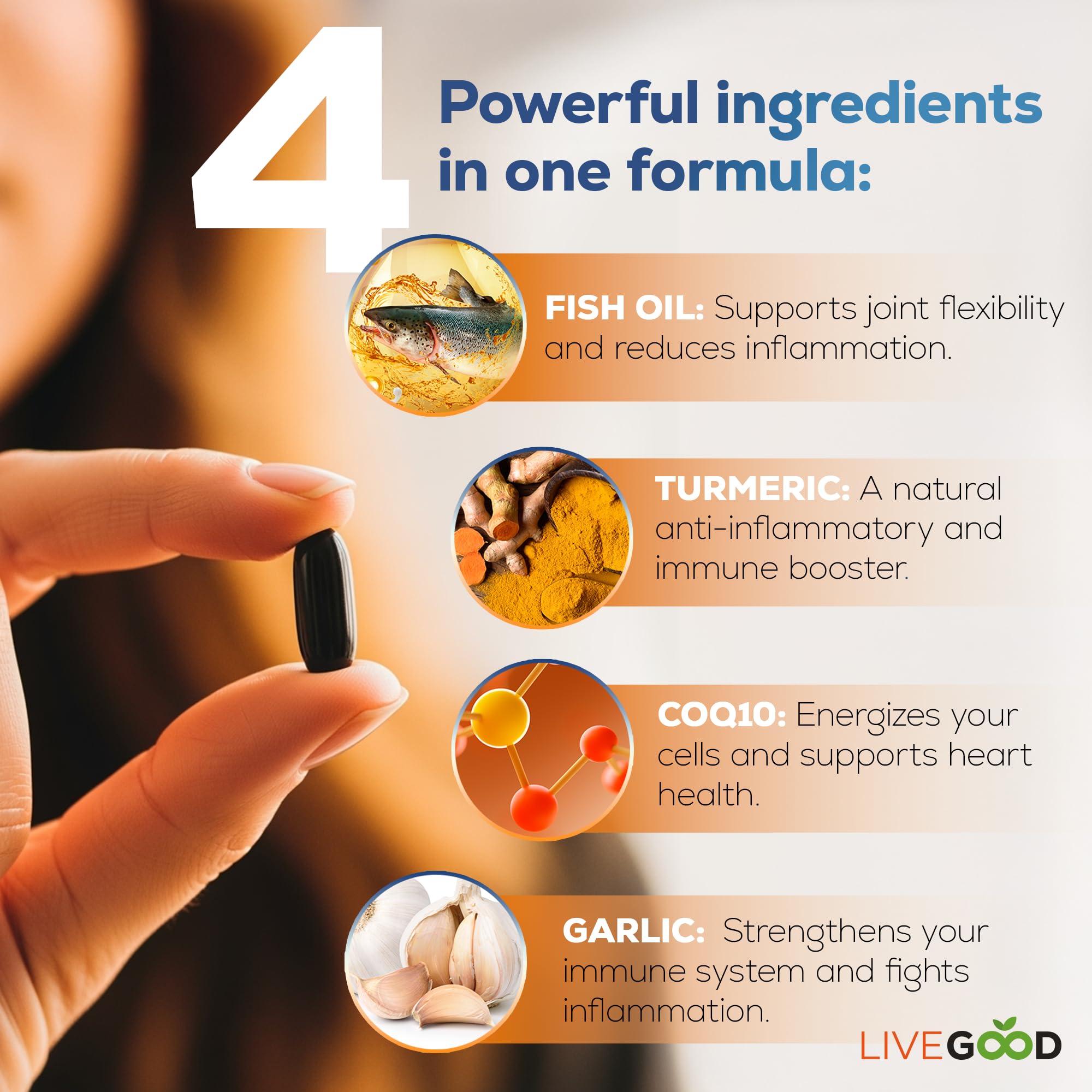 LIVEGOOD™ Factor 4, Omega 3 Fish Oil with EPA & DHA, CoQ10, and Turmeric, Advanced Q10 Coenzyme & CoQ10 Supplements, DHA Supplements for Heart, Joint & Immune Support, Made in USA, 60 Count, - TrustMedUSA