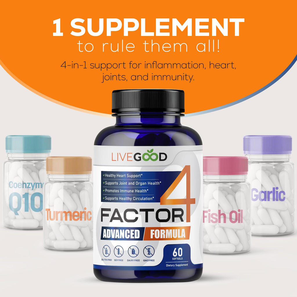 LIVEGOOD™ Factor 4, Omega 3 Fish Oil with EPA & DHA, CoQ10, and Turmeric, Advanced Q10 Coenzyme & CoQ10 Supplements, DHA Supplements for Heart, Joint & Immune Support, Made in USA, 60 Count, - TrustMedUSA