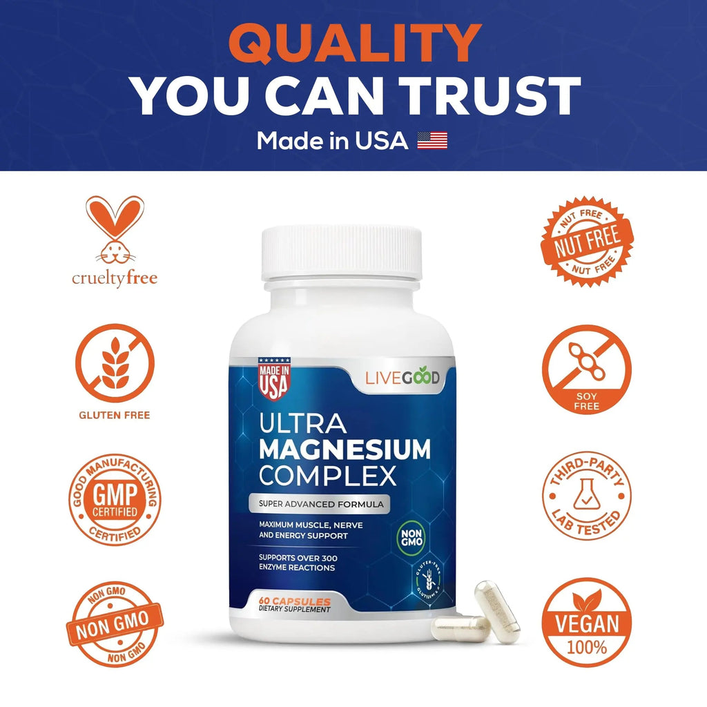 LiveGood™ Ultra Magnesium Complex, Organic Magnesium Glycinate and Gluconate for Muscle Recovery, Nerve Support & Relief – High Absorption Supplement, Vegan, Non-GMO, Made in USA, 60 Capsules - TrustMedUSA