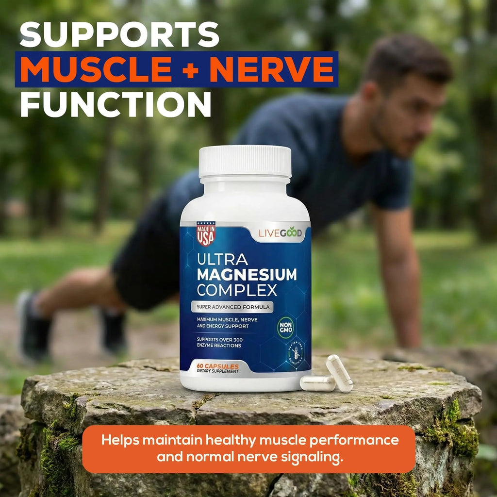 LiveGood™ Ultra Magnesium Complex, Organic Magnesium Glycinate and Gluconate for Muscle Recovery, Nerve Support & Relief – High Absorption Supplement, Vegan, Non-GMO, Made in USA, 60 Capsules - TrustMedUSA