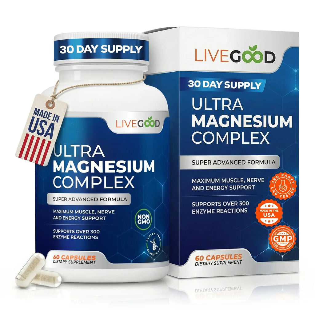 LiveGood™ Ultra Magnesium Complex, Organic Magnesium Glycinate and Gluconate for Muscle Recovery, Nerve Support & Relief – High Absorption Supplement, Vegan, Non-GMO, Made in USA, 60 Capsules - TrustMedUSA
