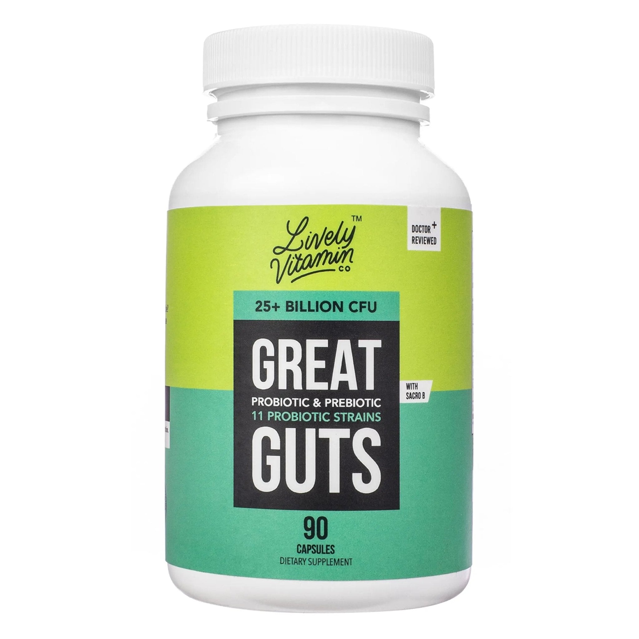 LIVELY VITAMIN CO. Great Guts Probiotic - 25 Billion CFU Probiotic - Balance Gut Microbiome, GI Tract, Inflammation, Indigestion, Reflux, Upset Stomach, & Diarrhea - 90 Caps - TrustMedUSA