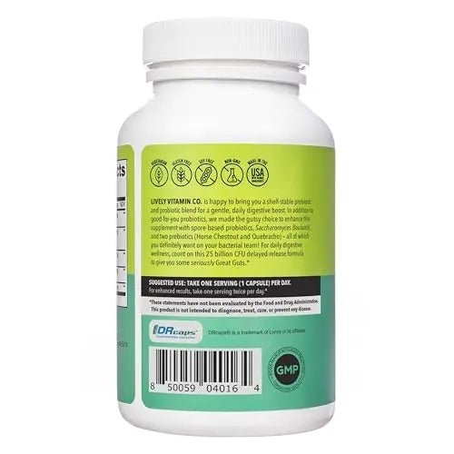 LIVELY VITAMIN CO. Great Guts Probiotic - 25 Billion CFU Probiotic - Balance Gut Microbiome, GI Tract, Inflammation, Indigestion, Reflux, Upset Stomach, & Diarrhea - 90 Caps - TrustMedUSA