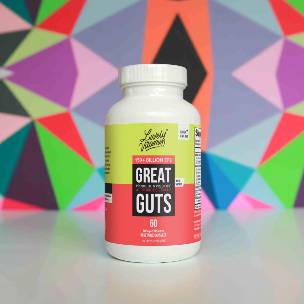 LIVELY VITAMIN CO. Great Guts Probiotic - 25 Billion CFU Probiotic - Balance Gut Microbiome, GI Tract, Inflammation, Indigestion, Reflux, Upset Stomach, & Diarrhea - 90 Caps - TrustMedUSA