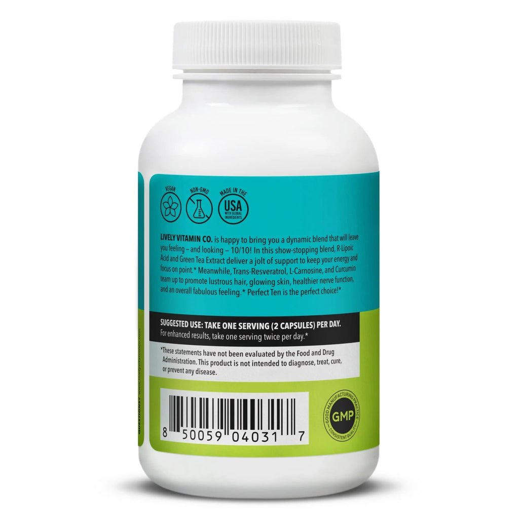 LIVELY VITAMIN CO. Perfect Ten - Anti-Aging & Antioxidant Supplement - Biotin & Lipoic Acid - Healthy Hair, Skin, Nails - Energy Boost - Sharper Brain Function - Stronger Immunity - 60 Capsules - TrustMedUSA