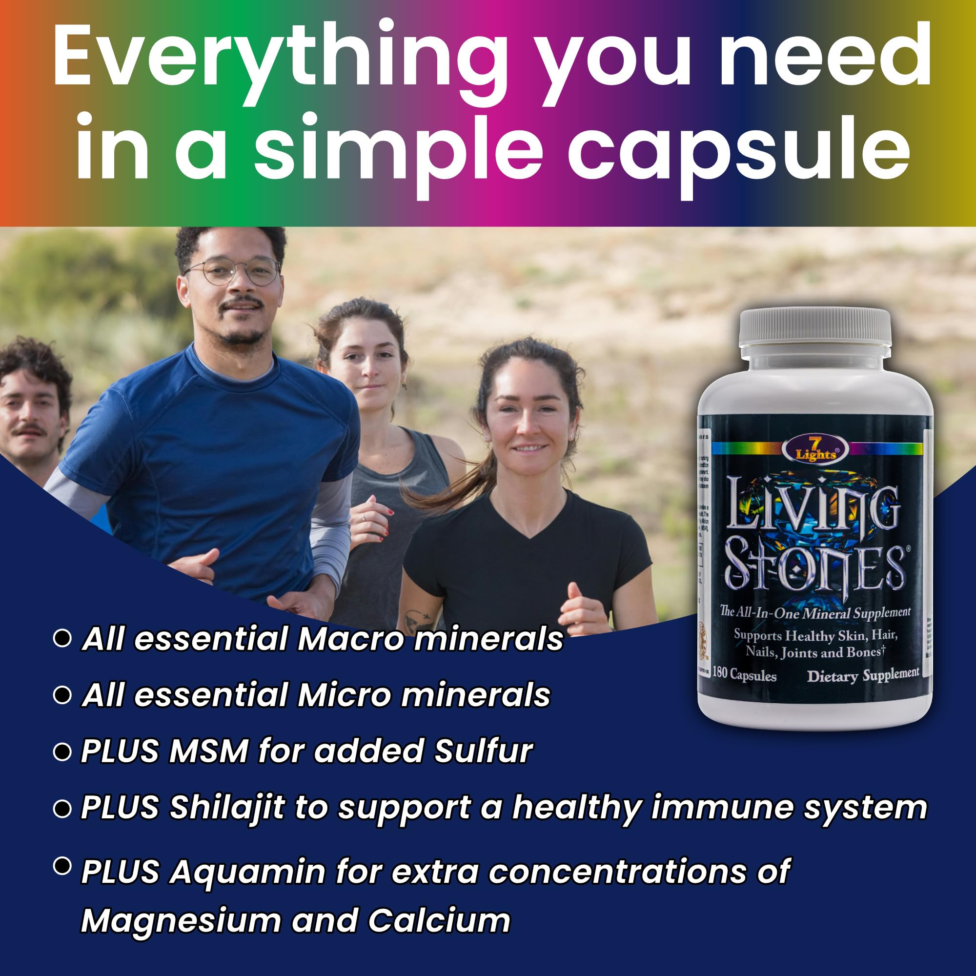 Living Stones, Complete Mineral Supplement with Zinc, Calcium, Magnesium, Selenium, Trace Minerals, No Added Iron, with MSM (Organic Sulfur) and Shilajit, Premium Absorption (30-Day Supply - 180 Caps) - TrustMedUSA