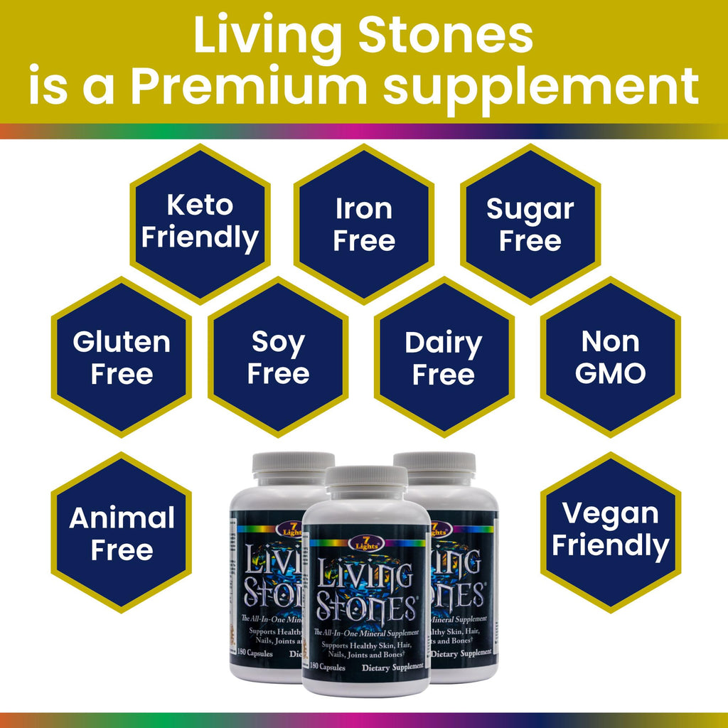 Living Stones, Complete Mineral Supplement with Zinc, Calcium, Magnesium, Selenium, Trace Minerals, No Added Iron, with MSM (Organic Sulfur) and Shilajit, Premium Absorption (30-Day Supply - 180 Caps) - TrustMedUSA