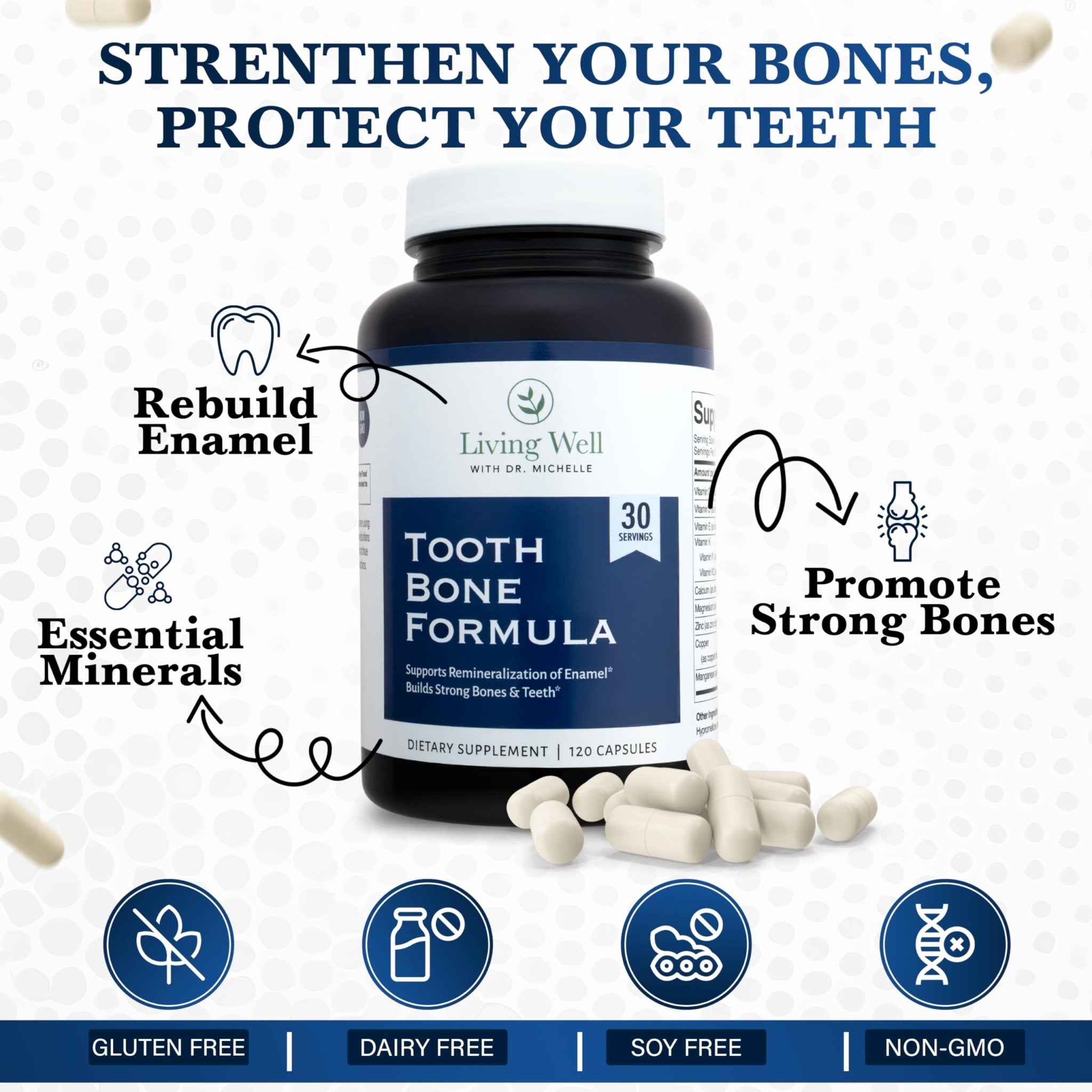 Living Well with Dr. Michelle Tooth & Bone Formula - Supplement with Calcium for Bone Strength & Tooth Enamel Support, D3 + K2, 120 Capsules, Non-GMO, Gluten-Free - TrustMedUSA