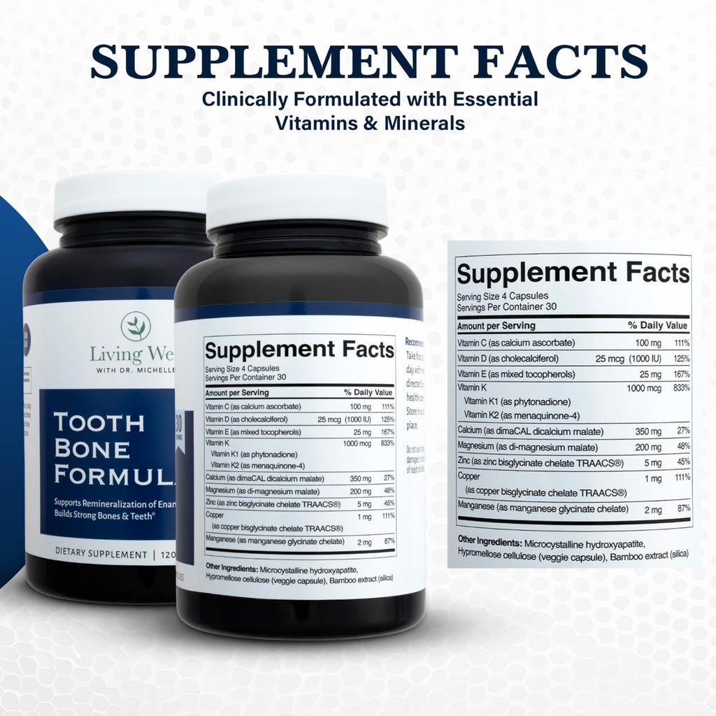 Living Well with Dr. Michelle Tooth & Bone Formula - Supplement with Calcium for Bone Strength & Tooth Enamel Support, D3 + K2, 120 Capsules, Non-GMO, Gluten-Free - TrustMedUSA