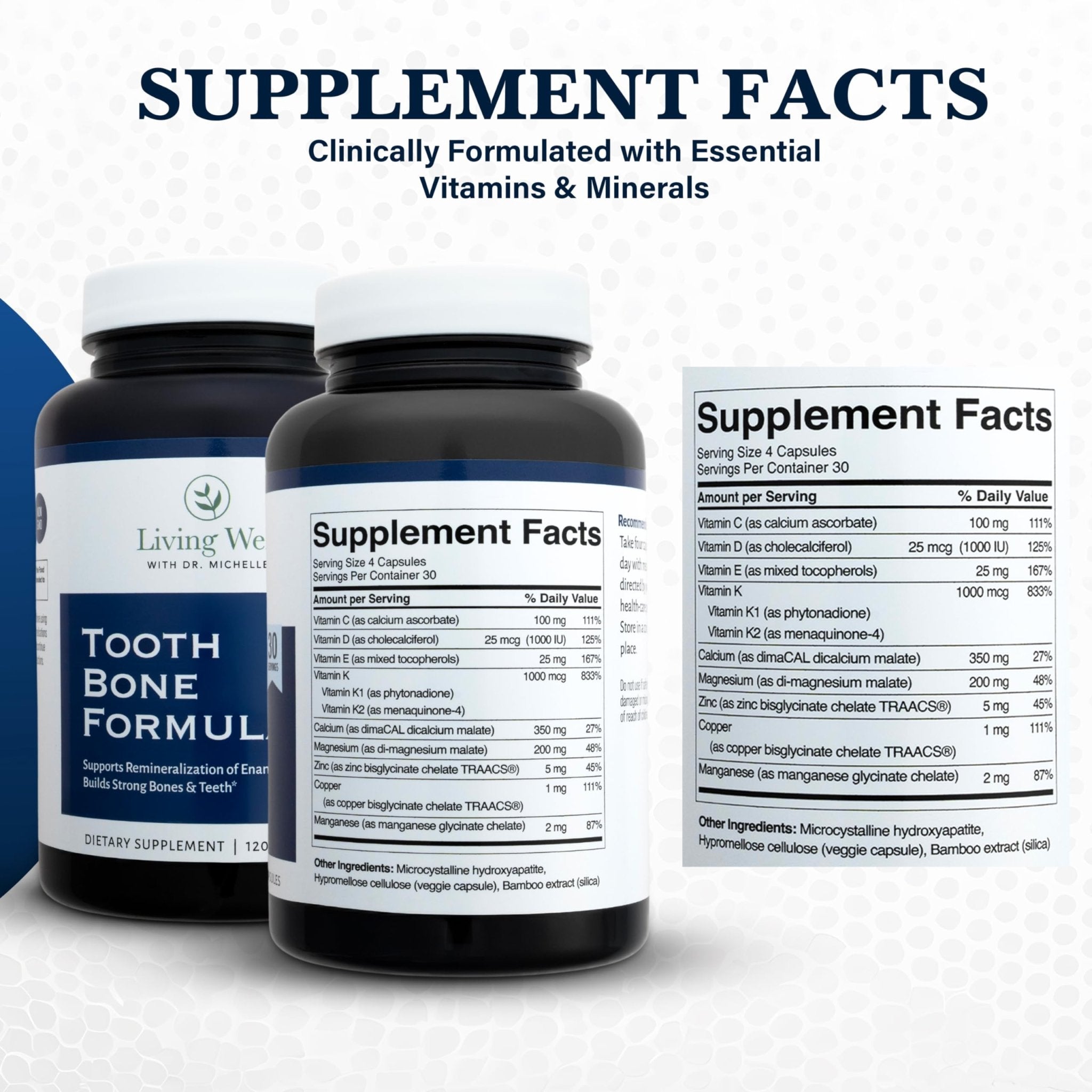 Living Well with Dr. Michelle Tooth & Bone Formula - Supplement with Calcium for Bone Strength & Tooth Enamel Support, D3 + K2, 120 Capsules, Non-GMO, Gluten-Free - TrustMedUSA