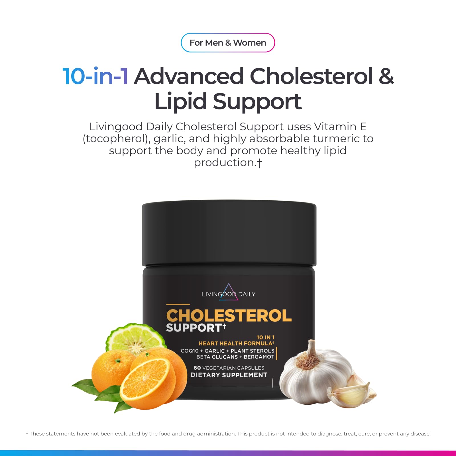 Livingood Daily Cholesterol Support Supplement with Garlic, CoQ10, Vitamin E, Bergamot, Plant Sterols for Body and Heart Health Support, Supports LDL and Triglycerides, Gluten Free, Vegan, 60 Capsules - TrustMedUSA