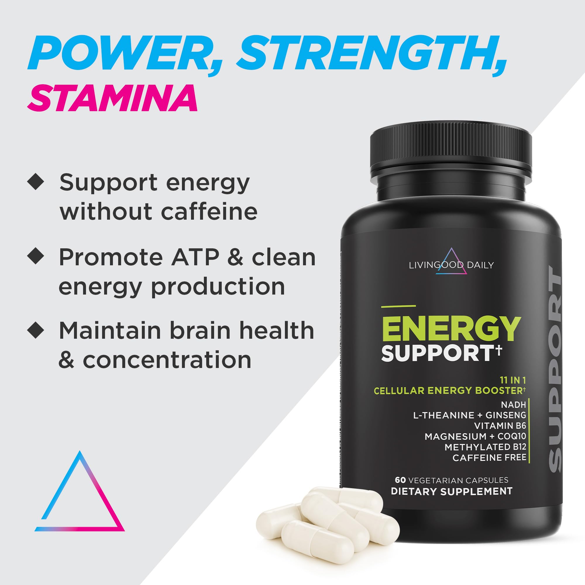 Livingood Daily Energy Support, 11-in-1 Supplement with Magnesium, Vitamin B6, B12, Amino Acids, L Carnitine, CoQ10, Ginseng & L Theanine, Supports Natural Energy for Men & Women, Vegan, 60 Capsules - TrustMedUSA