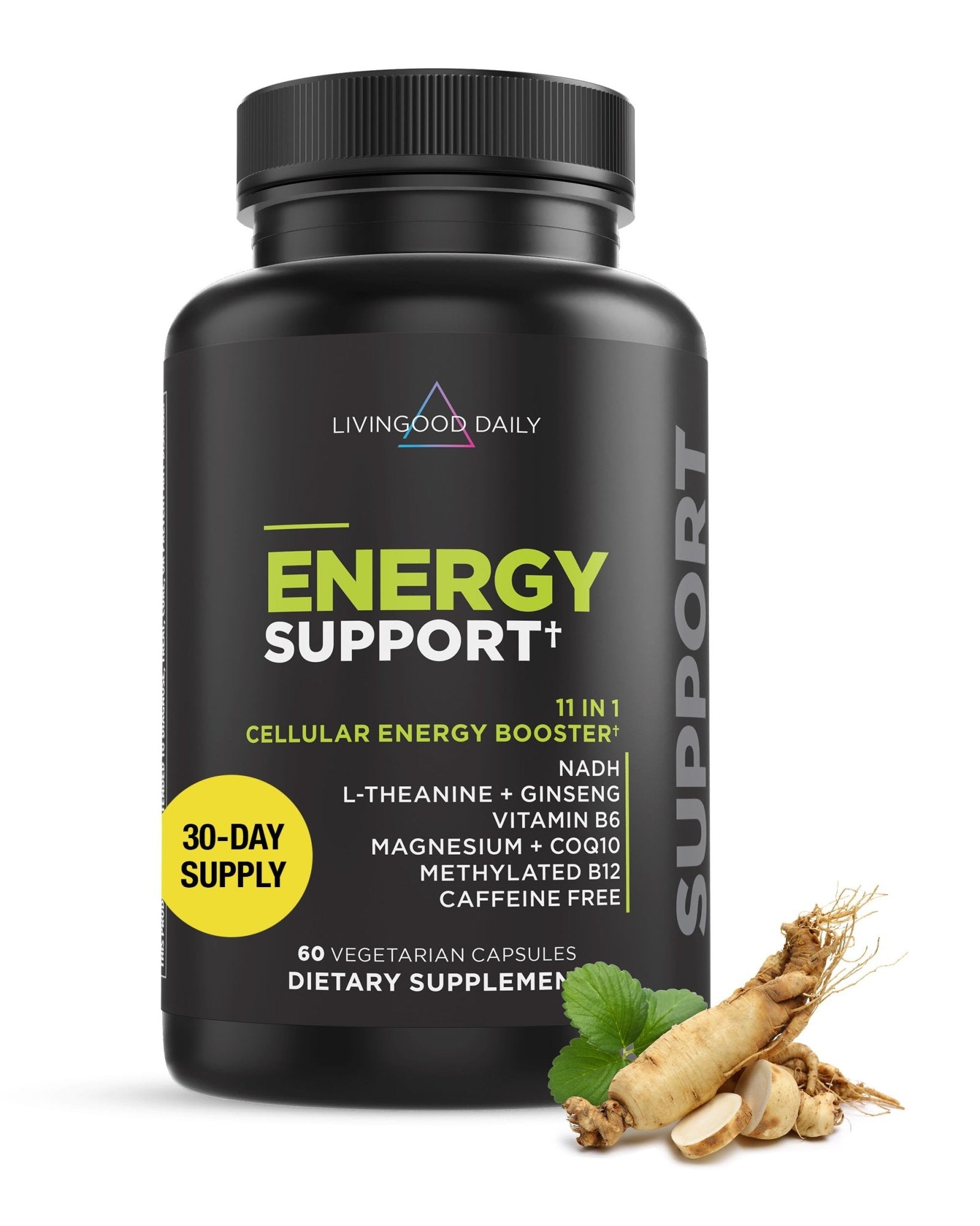 Livingood Daily Energy Support, 11-in-1 Supplement with Magnesium, Vitamin B6, B12, Amino Acids, L Carnitine, CoQ10, Ginseng & L Theanine, Supports Natural Energy for Men & Women, Vegan, 60 Capsules - TrustMedUSA