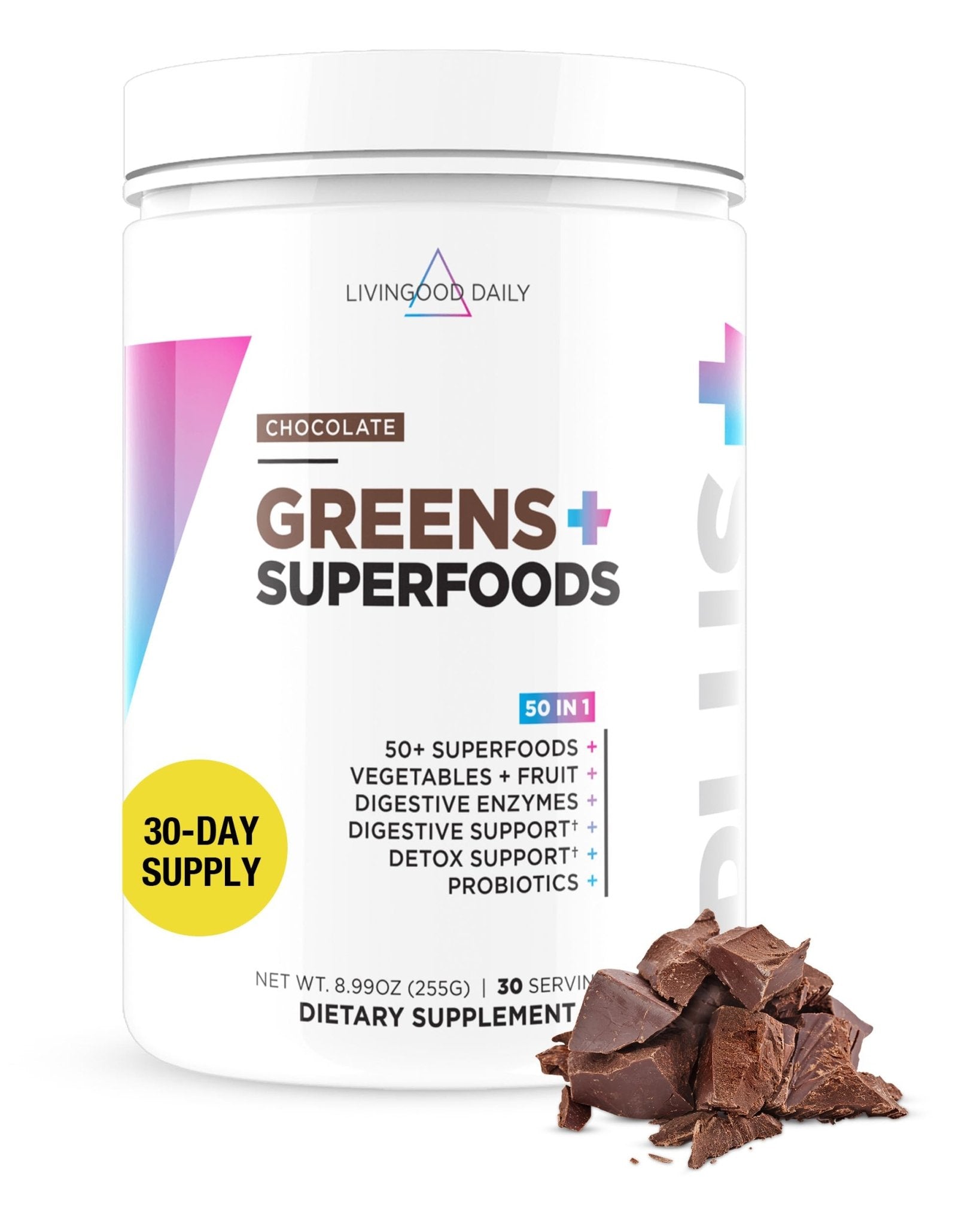 Livingood Daily Greens & Superfood Powder, Super Greens for Gut Health, Green Juice Powder with Spirulina, Chlorella, and Digestive Enzymes, Probiotics for Digestive Support, Chocolate, 30 Servings - TrustMedUSA