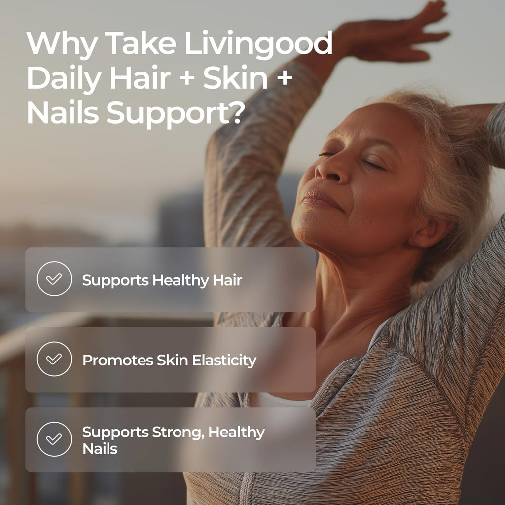 Livingood Daily Hair, Skin & Nails Supplement, 14-in-1 Formula with Biotin, Collagen, Keratin, Bamboo, Selenium, Folate, B12, Zinc and More, Beauty Supplement for Women & Men, Gluten Free, 60 Capsules - TrustMedUSA
