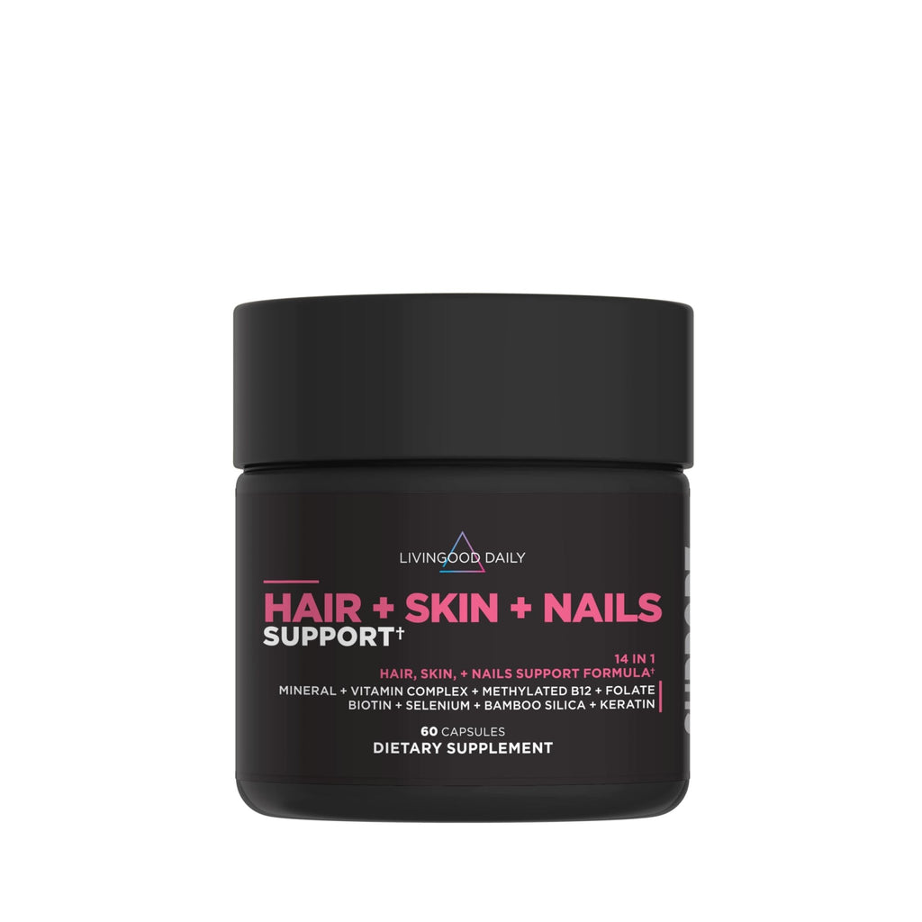 Livingood Daily Hair, Skin & Nails Supplement, 14-in-1 Formula with Biotin, Collagen, Keratin, Bamboo, Selenium, Folate, B12, Zinc and More, Beauty Supplement for Women & Men, Gluten Free, 60 Capsules - TrustMedUSA