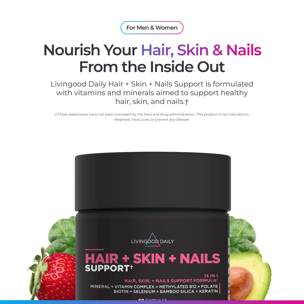 Livingood Daily Hair, Skin & Nails Supplement, 14-in-1 Formula with Biotin, Collagen, Keratin, Bamboo, Selenium, Folate, B12, Zinc and More, Beauty Supplement for Women & Men, Gluten Free, 60 Capsules - TrustMedUSA