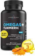 Livingood Daily Omega 3 6 9 Plus Turmeric Curcumin Supplement, 60 Softgels - Fish Oil Omega 3 Supplements (EPA & DHA) for Men and Women - Brain, Joint, Heart Health - TrustMedUSA