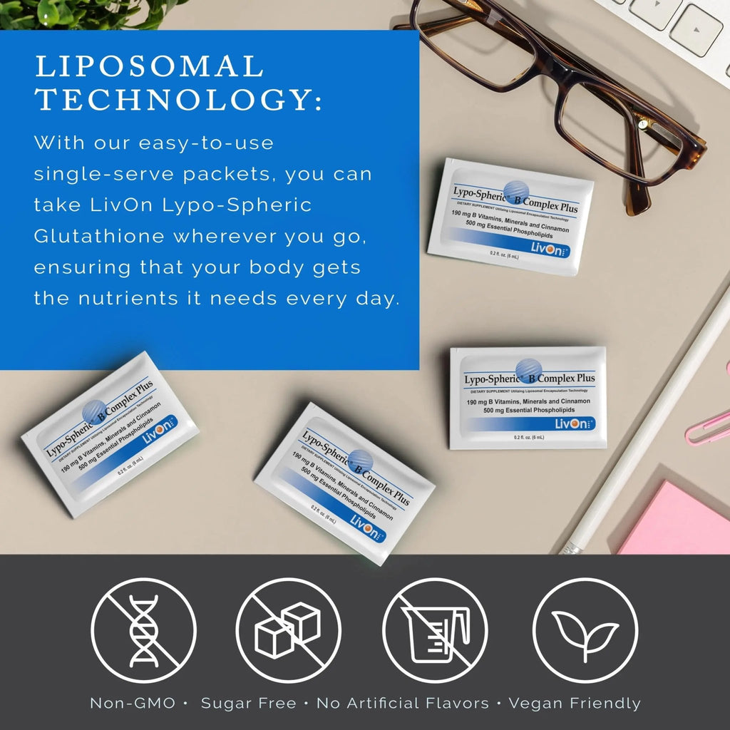 LivOn Laboratories Lypo–Spheric B Complex Plus – 30 Packets – 195 mg B Vitamins, Minerals & Cinnamon Per Packet – Liposome Encapsulated for Improved Absorption – 100% Non–GMO - TrustMedUSA