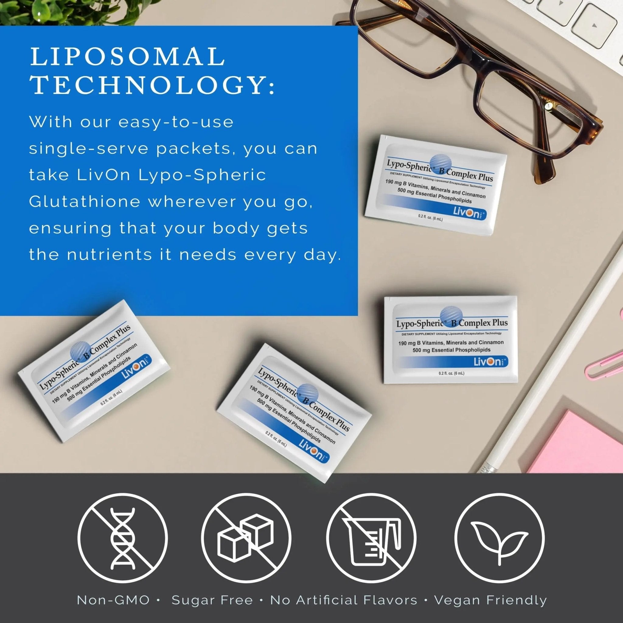 LivOn Laboratories Lypo–Spheric B Complex Plus – 30 Packets – 195 mg B Vitamins, Minerals & Cinnamon Per Packet – Liposome Encapsulated for Improved Absorption – 100% Non–GMO - TrustMedUSA