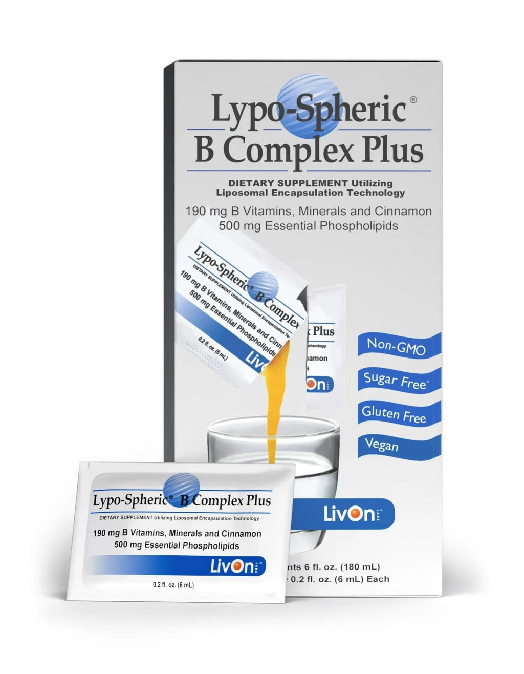LivOn Laboratories Lypo–Spheric B Complex Plus – 30 Packets – 195 mg B Vitamins, Minerals & Cinnamon Per Packet – Liposome Encapsulated for Improved Absorption – 100% Non–GMO - TrustMedUSA