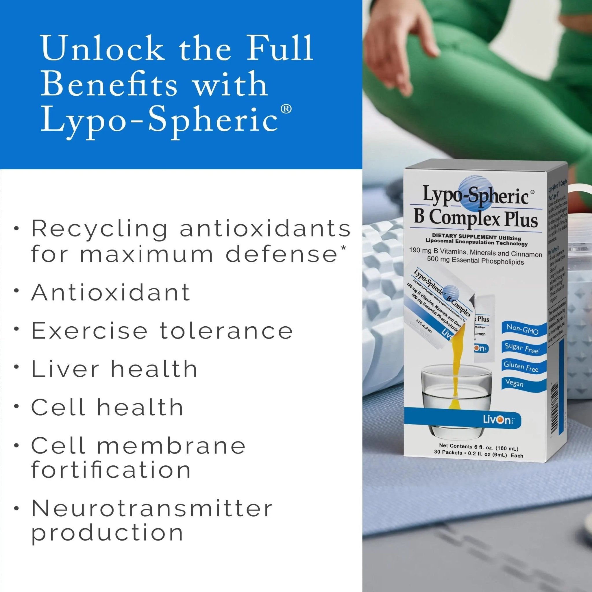 LivOn Laboratories Lypo–Spheric B Complex Plus – 30 Packets – 195 mg B Vitamins, Minerals & Cinnamon Per Packet – Liposome Encapsulated for Improved Absorption – 100% Non–GMO - TrustMedUSA